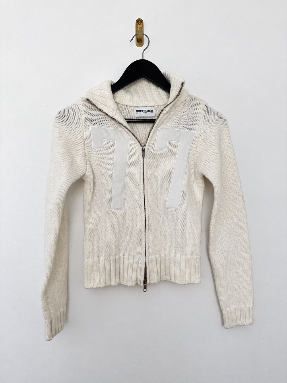 Princess Polly 77 varsity zip up knit sweater cream women’s US 2 collegiate prep